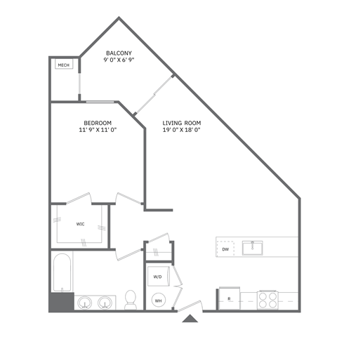 Floor plan for 1 bed, 1 bath, 735 sqft